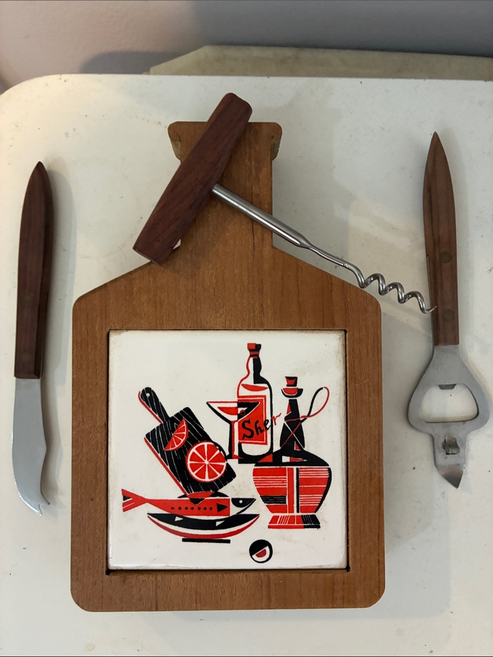 Vintage MCM tiled cheese board with corkscrew, bottle opener, spreader